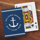 Welcome aboard boat name anchor rope dark blue playing cards<br><div class="desc">Playing cards featuring white text "welcome aboard" and your custom boat name surrounding a nautical anchor on a dark blue background,  At the top and bottom are rope borders.</div>