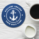 Welcome Aboard Boat Name Anchor Rope Navy Round Paper Coaster<br><div class="desc">A nautical themed paper coaster set with welcome aboard and your personalised boat name or other desired text. Features a custom designed boat anchor and rope. Comes in white on navy blue or easily change the base colour to match your current decor.</div>