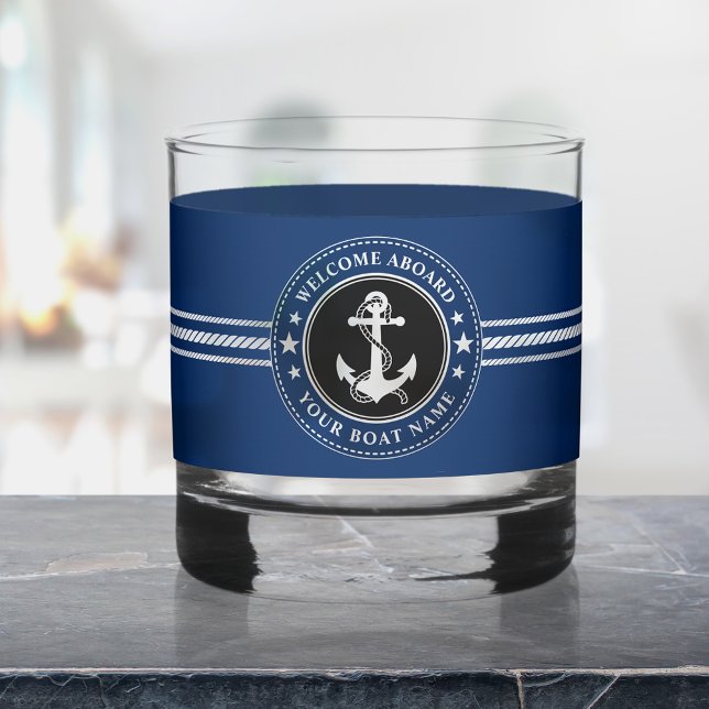 Welcome Aboard Boat Name Anchor Rope Stars Navy Whiskey Glass (Creator Uploaded)
