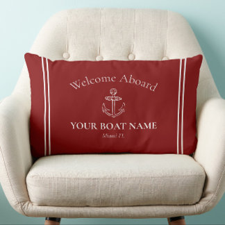 Welcome Aboard Boat Name Burgundy Red Nautical Lumbar Cushion