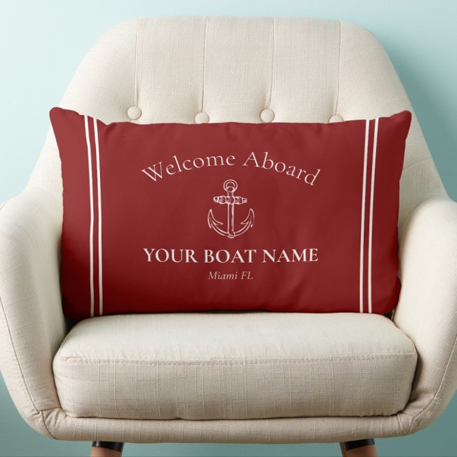 Welcome Aboard Boat Name Burgundy Red Nautical Lumbar Cushion (Traditional Burgundy Welcome Aboard Nautical Pillow with Your Boat Name and Home Port)