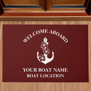 Welcome Aboard Boat Name Floral Anchor Maroon Doormat