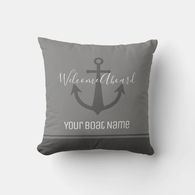Welcome Aboard Boat Name Grey Anchor Nautical Cushion (Front)