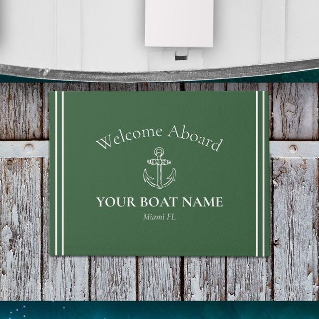 Welcome Aboard Boat Name Hunter Green Nautical ⚓ Doormat (Nautical Welcome Aboard Door Mat in Hunter Green Personalized with Your Boat Name and Home Port)