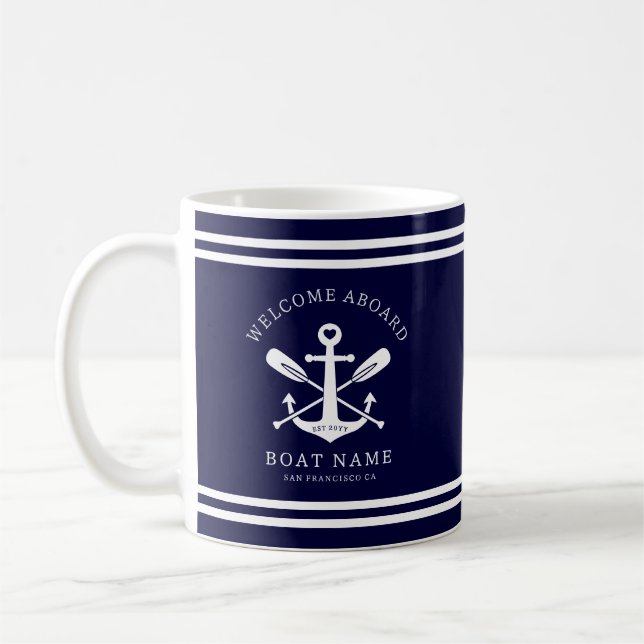 Welcome Aboard Boat Name Nautical Anchor | Blue Coffee Mug (Left)