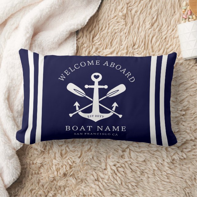 Welcome Aboard Boat Name Nautical Anchor | Blue Lumbar Cushion (Blanket)