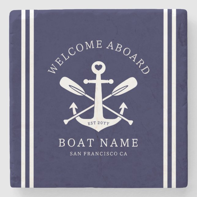 Welcome Aboard Boat Name Nautical Anchor | Blue Stone Coaster (Front)