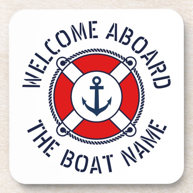 Welcome aboard boat name nautical anchor life buoy coaster (Front)