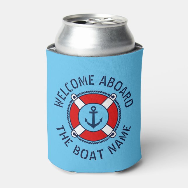 Welcome aboard boat name nautical anchor navy blue can cooler (Can Front)