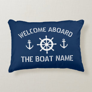 Welcome aboard boat name nautical anchor navy blue decorative cushion
