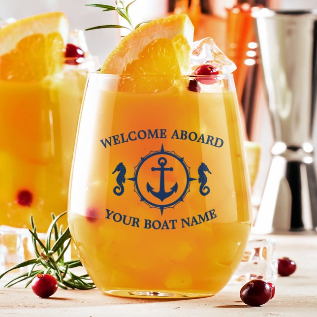 Welcome Aboard Boat Name Nautical Anchor Seahorse Stemless Wine Glass (Creator Uploaded)