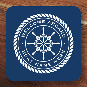 Welcome aboard boat name nautical ship's wheel coaster