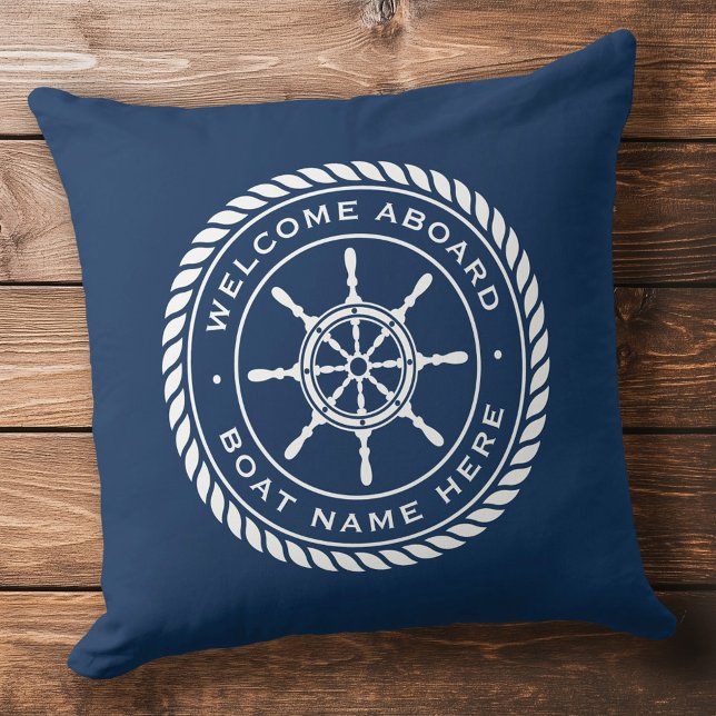 Welcome aboard boat name nautical ship's wheel cushion (Welcome aboard boat name nautical ship's wheel throw pillow)