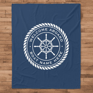Welcome aboard boat name nautical ship's wheel fleece blanket