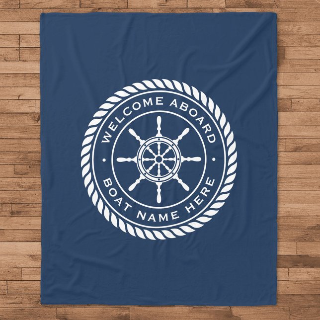 Welcome aboard boat name nautical ship's wheel fleece blanket (Creator Uploaded)