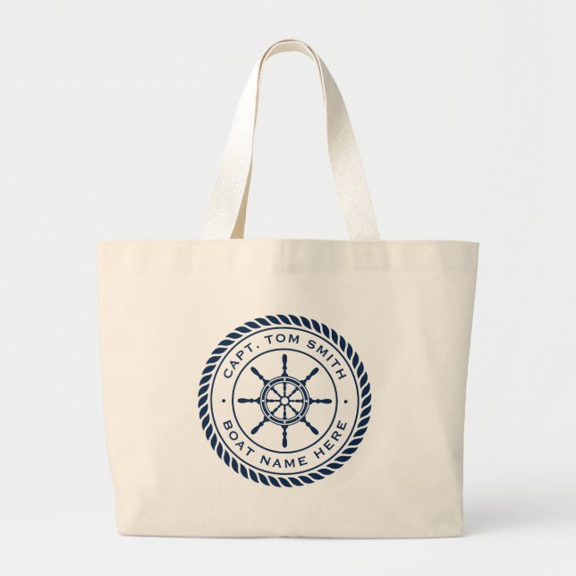 Welcome aboard boat name nautical ship's wheel large tote bag (Front)