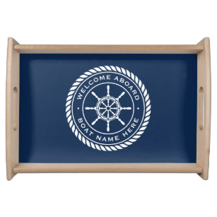Welcome aboard boat name nautical ship's wheel serving tray