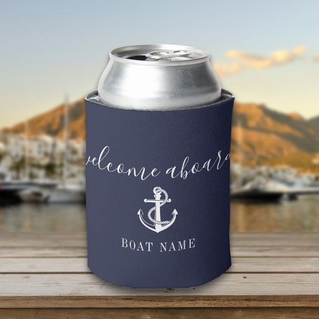 Welcome Aboard Boat Name Navy Blue Can Cooler (Welcome Aboard Boat Name Navy Blue Can Cooler)