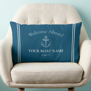 Welcome Aboard Boat Name Ocean Blue Nautical Lumbar Cushion