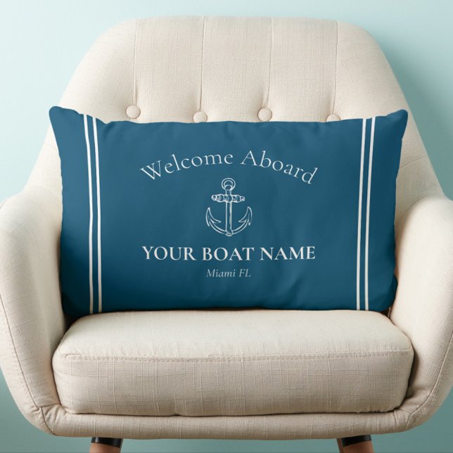 Welcome Aboard Boat Name Ocean Blue Nautical Lumbar Cushion (Traditional Nautical Welcome Aboard Lumbar Pillow Personalized with Your Boat Name and Home Port)