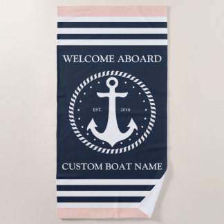 Welcome Aboard Boat Name - Personalised Navy Coral Beach Towel