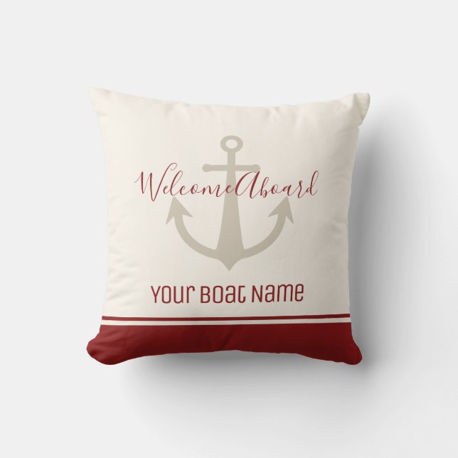 Welcome Aboard Boat Name Red Cream Anchor Nautical Cushion (Front)