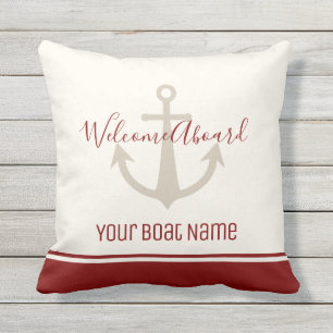 Welcome Aboard Boat Name Red Cream Anchor Nautical Cushion