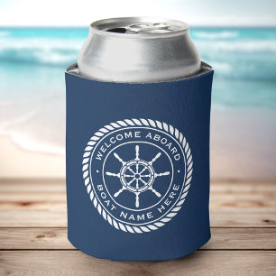 Welcome aboard boat name rope nautical ship wheel can cooler