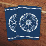 Welcome aboard boat name rope nautical ship wheel playing cards<br><div class="desc">Playing cards featuring a white,  elegant ship's wheel and rope emblem with custom text "welcome aboard" and boat name on a dark blue background.  At the top and bottom are rope borders.</div>