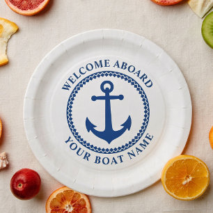 Welcome Aboard Boat Name Sea Anchor Blue White Pap Paper Plate