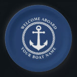 Welcome Aboard Boat Name Sea Anchor Navy Blue Pape Paper Plate<br><div class="desc">A stylish nautical themed paper plate set with welcome aboard and your personalised boat name or other desired text. Features a custom designed sea anchor with diamond trim. Comes in white on navy blue or easily change the base colour to match your current decor.</div>