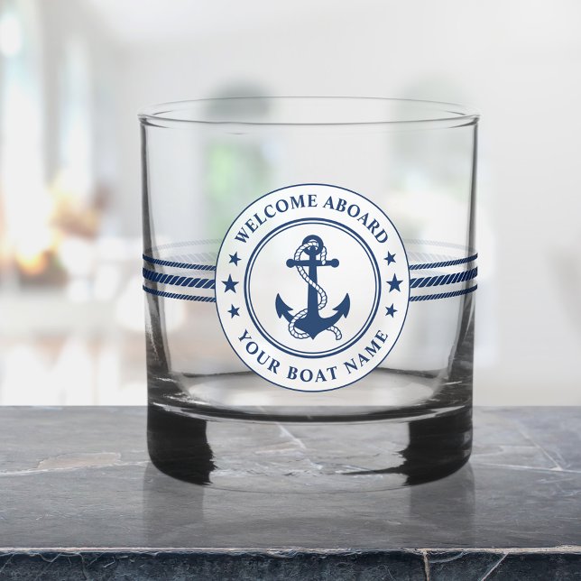 Welcome Aboard Boat Name Stylish Anchor Rope Stars Whiskey Glass (Creator Uploaded)