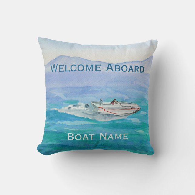 Welcome Aboard Boat Name Watercolor Boating Cushion (Front)