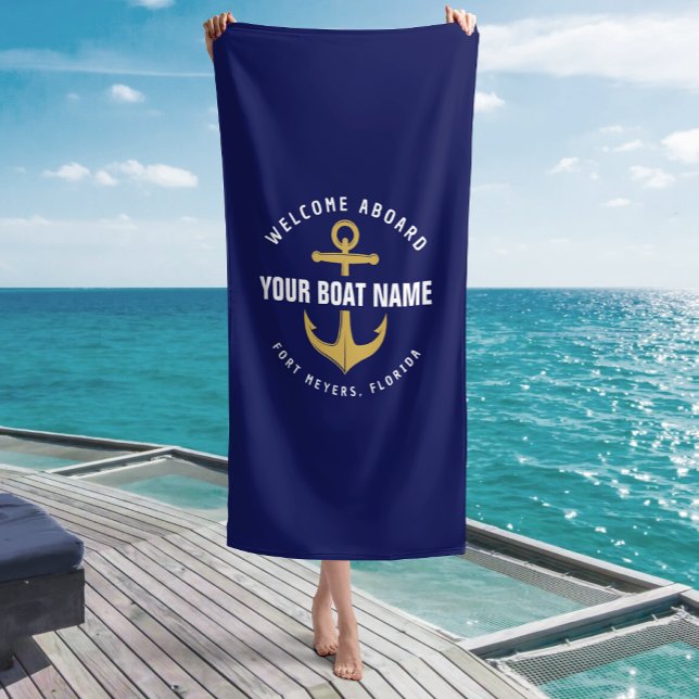 Welcome Aboard Boat Navy Blue Gold Nautical Anchor Beach Towel (Creator Uploaded)