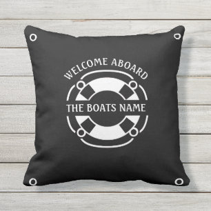 Welcome Aboard Boats Name Nautical White and Black Cushion