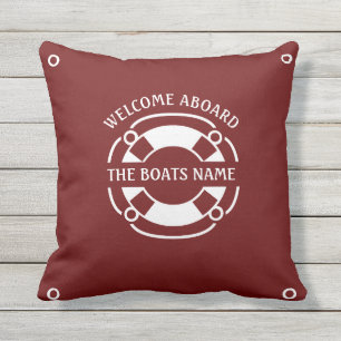 Welcome Aboard Boats Name Nautical White Dark Red Cushion