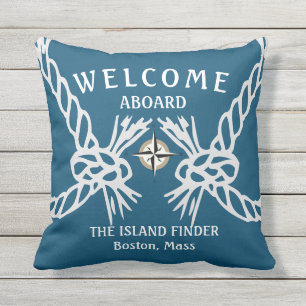 Welcome Aboard Boats Name Ocean Blue White Grey Cushion