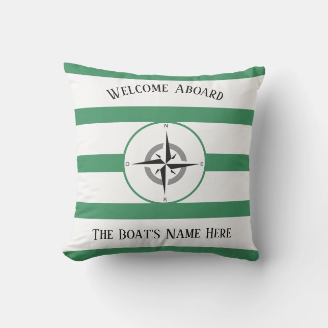 Welcome Aboard Boats Name Sea Green Stripes Cushion (Front)