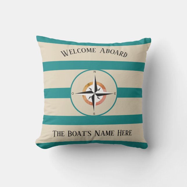 Welcome Aboard Boats Name Teal Stripes - Cushion (Front)