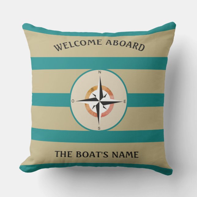 Welcome Aboard Boats Name Teal Stripes Sand Colour Cushion (Front)