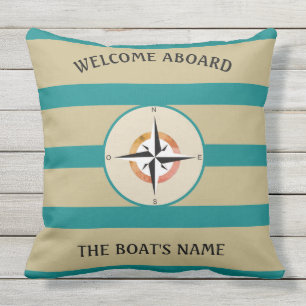 Welcome Aboard Boats Name Teal Stripes Sand Colour Cushion