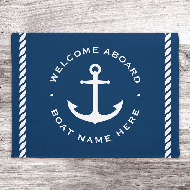 Welcome aboard custom boat name anchor dark blue doormat (Creator Uploaded)