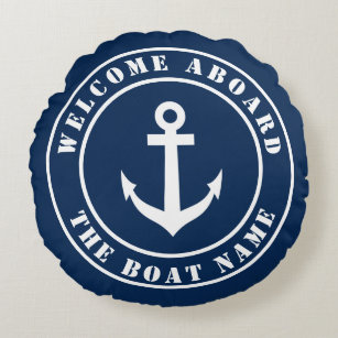 Welcome aboard custom boat name nautical anchor round cushion