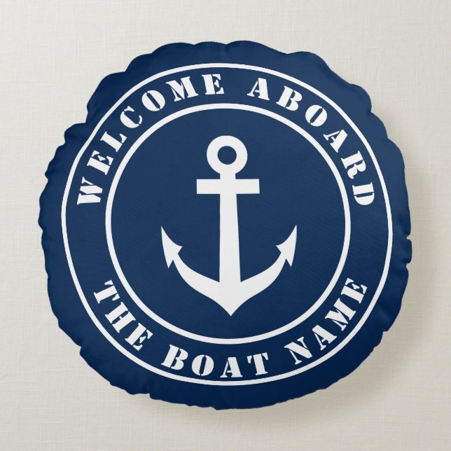 Welcome aboard custom boat name nautical anchor round cushion (Front)