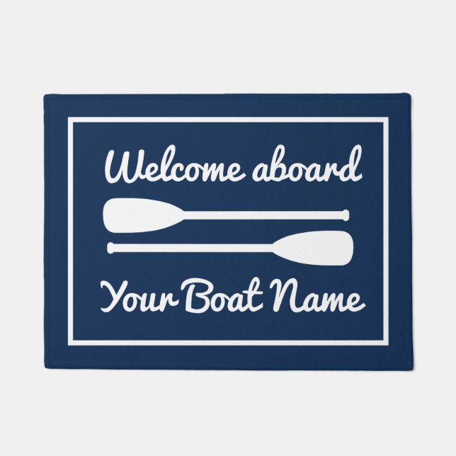 Welcome aboard custom name blue white boat paddles doormat (Front)