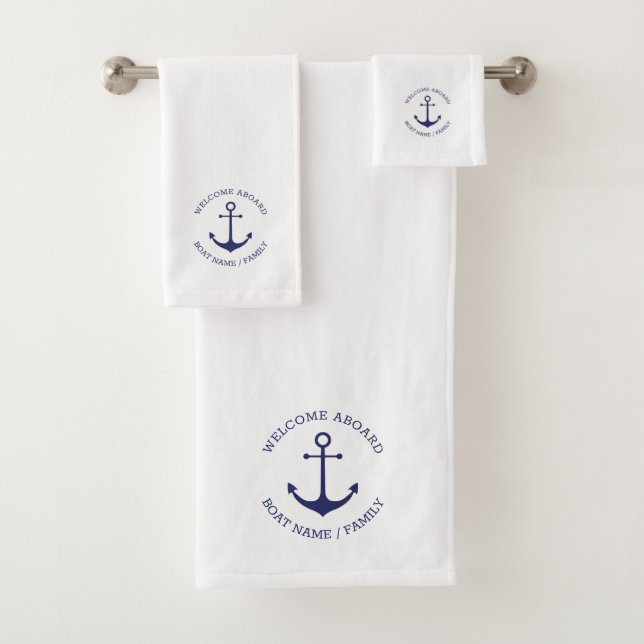 Welcome Aboard custom name navy blue anchor white Bath Towel Set (Insitu)