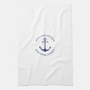 Welcome Aboard custom name navy blue anchor white Tea Towel