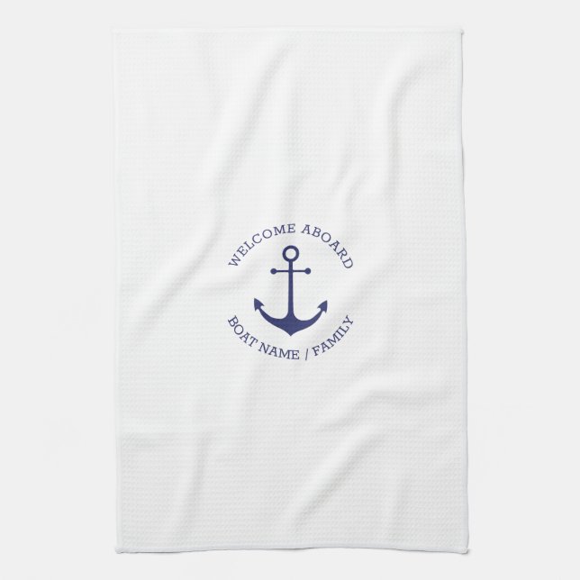 Welcome Aboard custom name navy blue anchor white Tea Towel (Vertical)