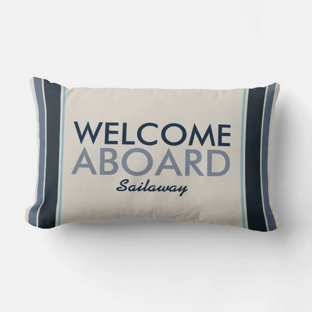 Welcome Aboard Customised Vertical Stripes Blue Lumbar Cushion (Front)