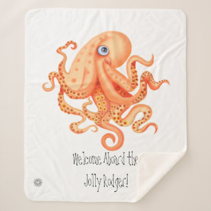Welcome aboard cute orange octopus sherpa blanket